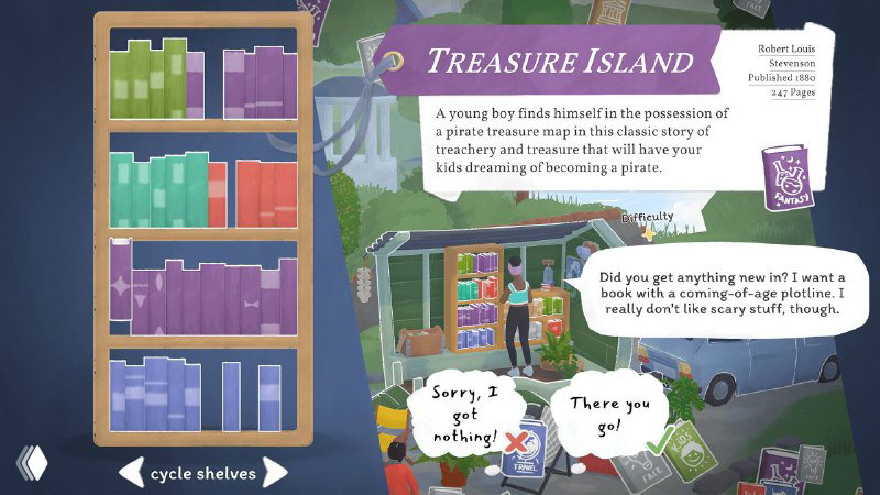 Интерфейс выбора книг внутри Tiny Bookshop: карточки изданий, диалоги с покупателями и подсказки, показывающие подбор литературы по запросу клиента.