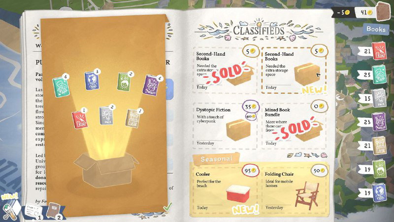 Открытая книга‑меню игры с иллюстрациями товаров, объявлениями о распродажах и элементами оформления, показывающая экономическую сторону управления лавкой.