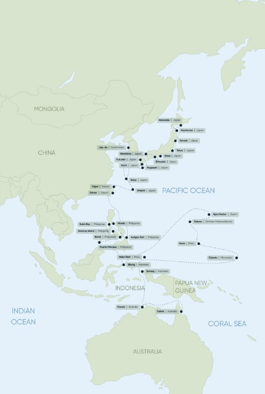Карта маршрутов круизов Villa Vie с отображением стоянок и путей по Тихому океану и прилегающим морям — план-график на 2025–2028 годы.