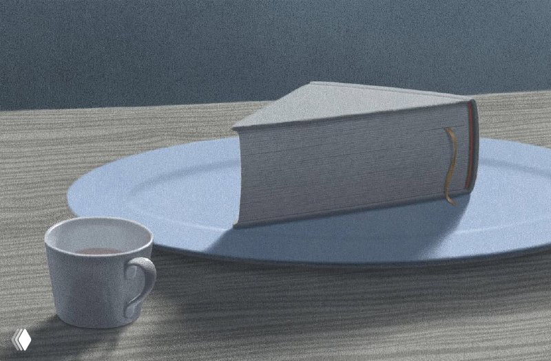 Иллюстрация: кусок книги, положенный на тарелку рядом с чашкой — метафора потребления литературы как пищи для ума