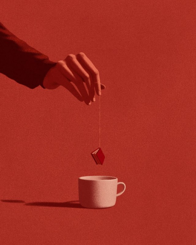 Иллюстрация: рука опускает чайный пакетик в чашку на красном фоне, стилизованный образ повседневного ритуала и внимания