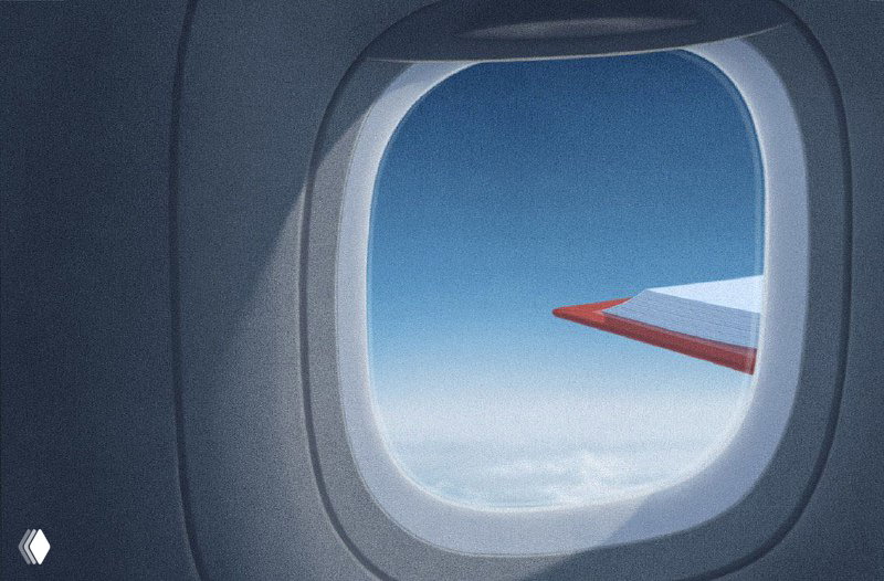 Иллюстрация: вид из иллюминатора самолёта с крылом и небом — образ пути и путешествия, возможная метафора чтения и перемен