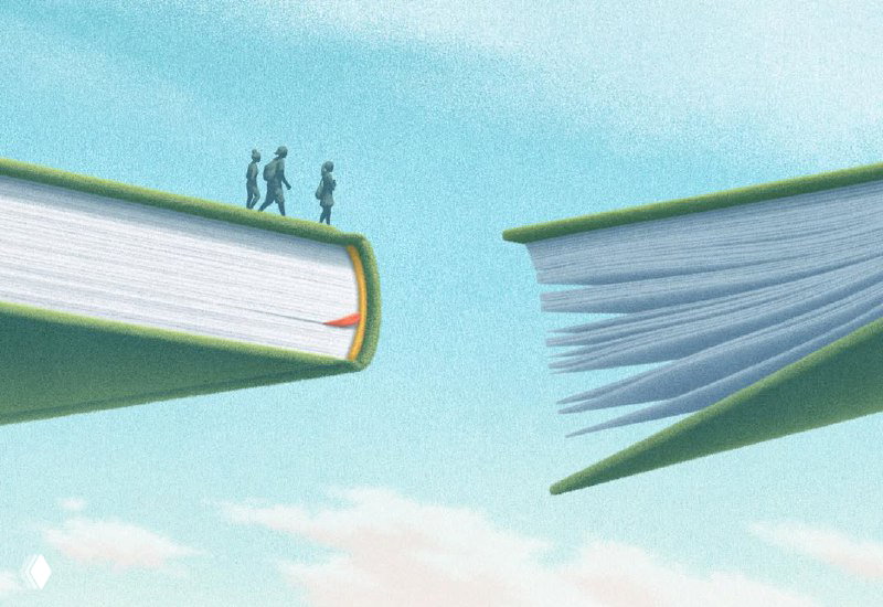 Иллюстрация: два тома с промежутком, люди переходят с одной книги на другую — образ разрыва и связей в процессах чтения и образования