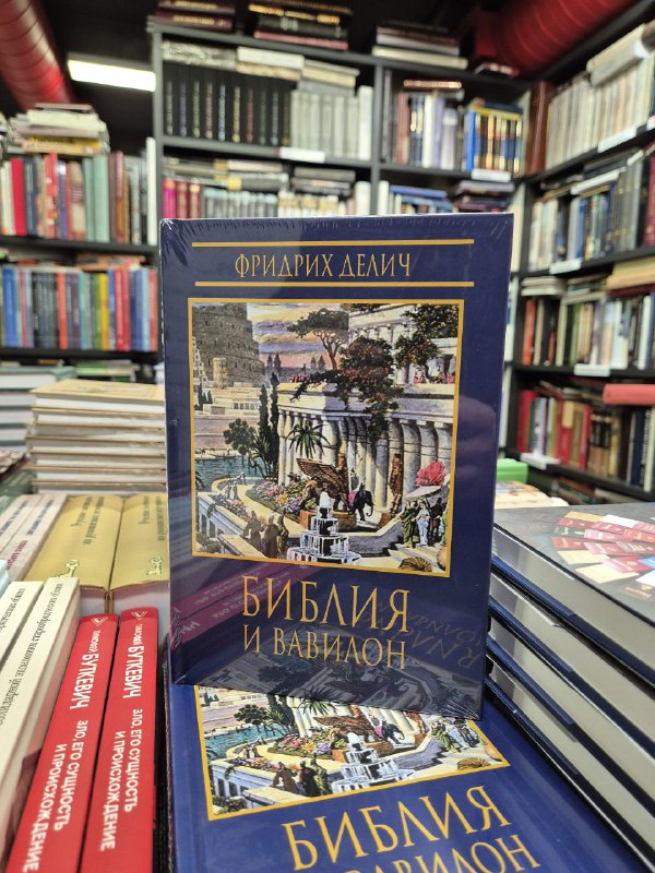 Книга «Библия и Вавилон» Делич Ф. выставлена в магазине; видно иллюстрированную обложку и окружающие книжные стопки на полках.