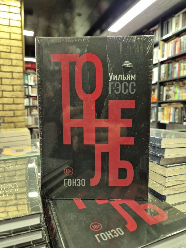 Обложка романа У. Гэсса «Тоннель» крупным планом в магазине: тёмный дизайн и заметное название на фоне полок с книгами.