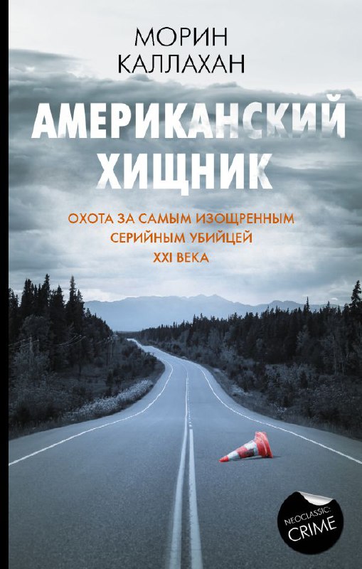 Обложка «Американский хищник» Морин Каллахан: дорога в северной глуши, сигнальный конус, холодная сине‑сероватая палитра, криминальный тон.