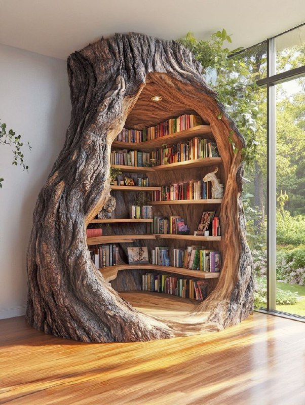 Книжный угол внутри имитации ствола дерева: полки, встроенные в пень, заполненные книгами; большое окно открывает вид на сад и зелень.