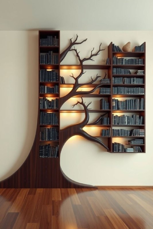 Современная полка-дерево с подсветкой на фоне светлого паркета: аккуратно расставленные книги на «ветвях» и минималистичный интерьер.