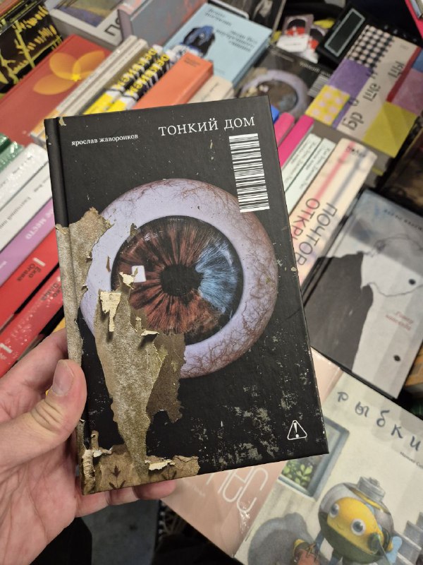 Рука держит книгу с иллюстрацией глаза на обложке, фон — другие книги и прилавок, снимок сделан на ярмарке Rassvet среди покупателей.