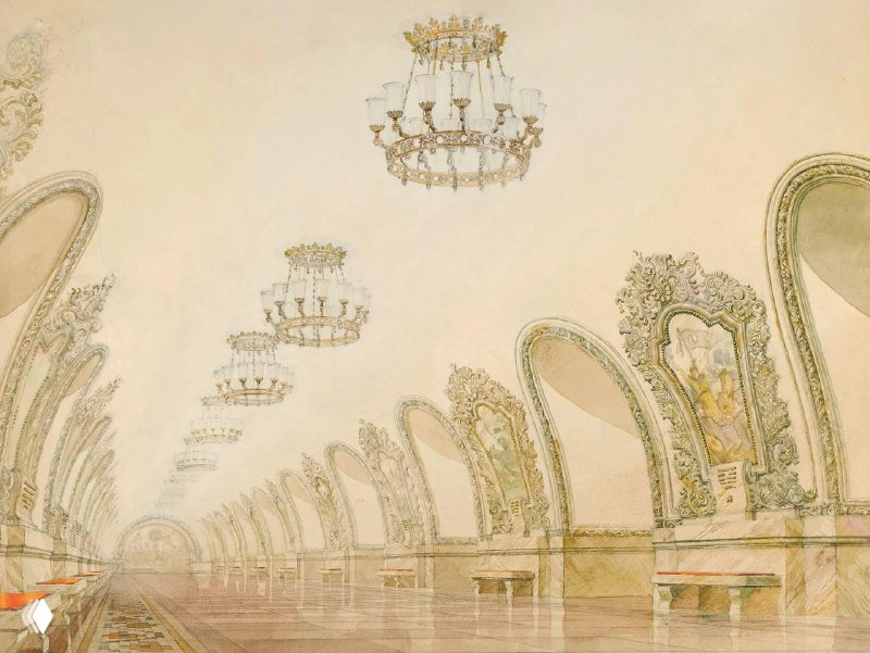 Цветная иллюстрация декоративного арочного свода станции с крупными люстрами и росписями — художественный проект оформления подземного пространства.