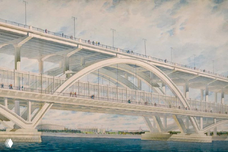 Акварельный архитектурный проект моста и набережной в советской манере — образец городского контекста и инфраструктурной графики из книги или сборника эскизов.