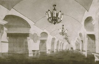 Схематическая перспектива подземного перехода: последовательность сводчатых потолков, настенные ниши и редкие фигуры людей на платформе — проектная зарисовка.