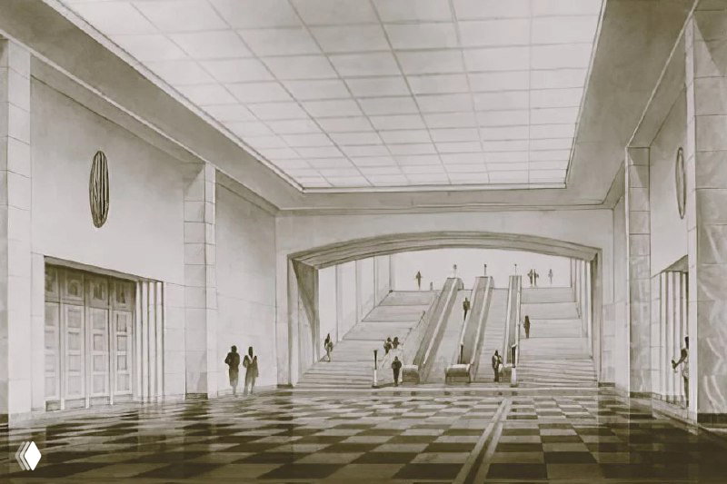Акварельный вариант холла с эскалаторами, широкими ступенями и потолком со световым люком — визуализация проектного решения для станции метро.