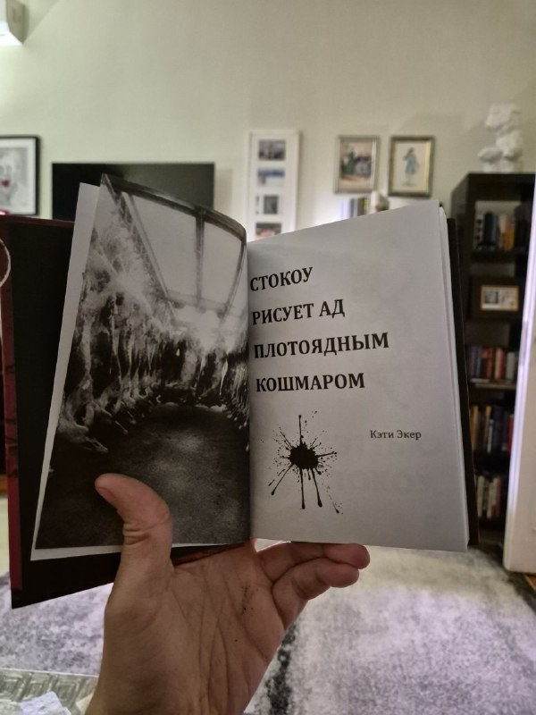 Разворот книги с чёрно-белой иллюстрацией и титульным текстом, рука держит страницы; фон — домашняя библиотека и рамки на стене.