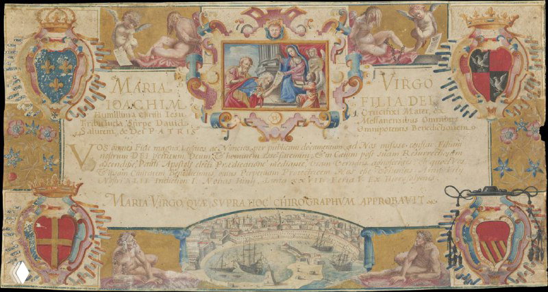 Цветная декоративная эмблема с гербами, сюжетными фрагментами и орнаментом — оформленный документ раннего нового времени из коллекции подделок.