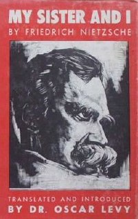 Красная обложка книги «My Sister and I» с иллюстрацией портрета Фридриха Ницше — фотография автобиографической публикации, представленной как экспонат коллекции.