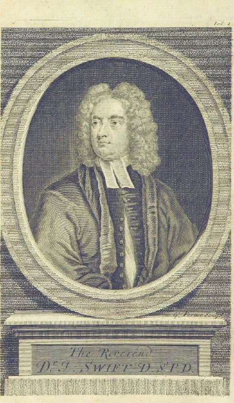 Портрет Джонатана Свифта в стиле гравюры: образ мужчины XVIII века в парике и формальной одежде, историческое изображение автора.