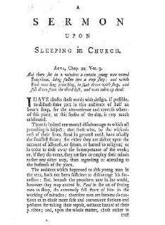 Первая страница старой проповеди под заголовком "A Sermon Upon Sleeping in Church" — исторический документ с титулом и печатной вязью.