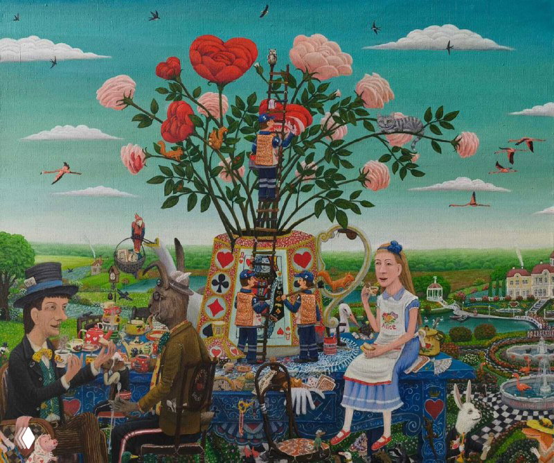 Яркая живописная панорама с Алиской, картами и персонажами в декоративном стиле — масштабная картина, демонстрирующая современные вариации сюжета.