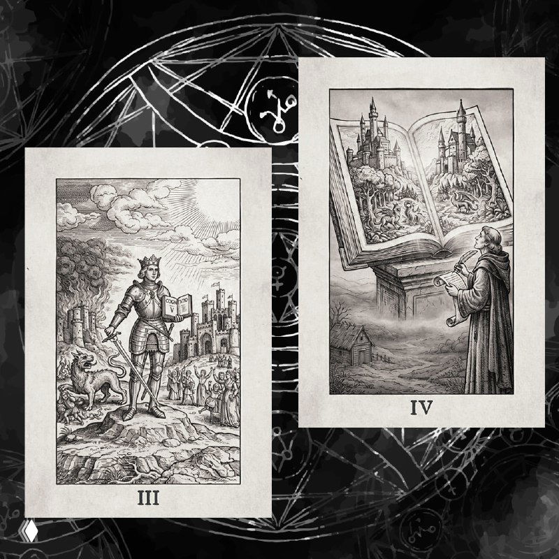 Две гравюры: слева путник с собакой у городских стен, справа человек у возвышающейся книги — метафоры путешествия и знания.