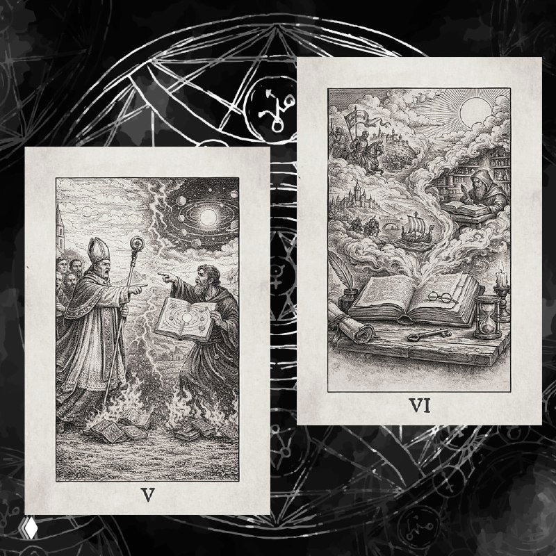 Сцены ритуала и книжного ландшафта в стиле старой гравюры: маг с посохом и пейзаж из открытых томов, драматичный черно‑белый коллаж.
