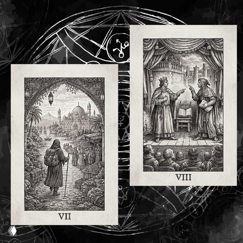 Гравюры: перспектива восточного города и театральная сцена с двумя фигурами — сочетание путешествия и диалога, сценическая интонация.