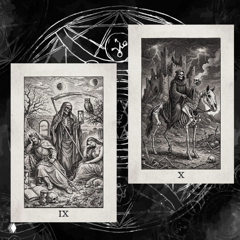 Мрачные гравюры: сцена со смертью и всадник в мрачном пейзаже; символы тревоги и конца, насыщенная текстура и контраст.