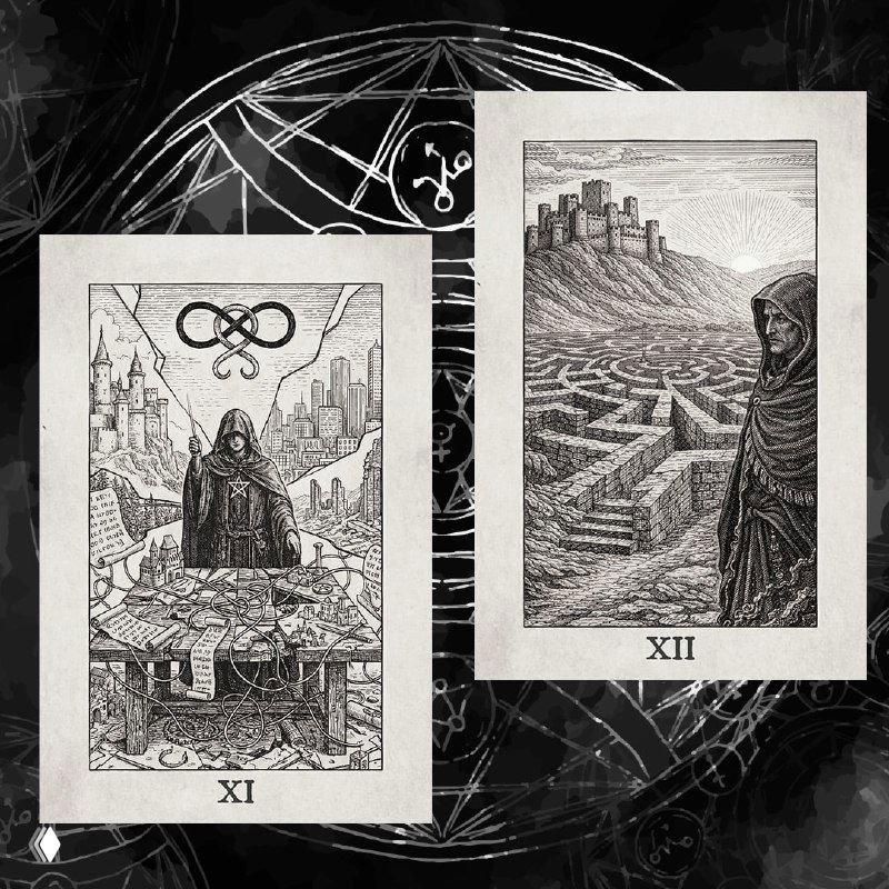 Таинственная фигура перед лабиринтом и силуэт у покинутого города в стиле старинной гравюры — образ смены локаций и интроспекции.