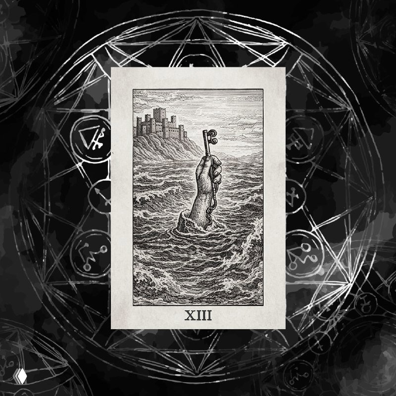 Гравюра с поднятой из моря рукой, держащей флаг; одинокий аллегорический финал в монохроме, ощущение завершения и титров.