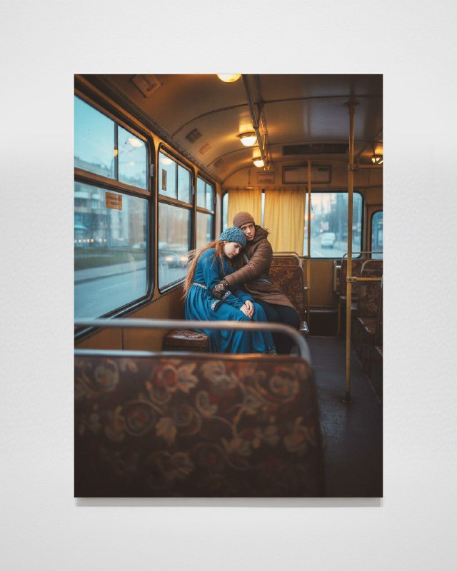 Серия Verlib: ИИ-версия классики — двое в трамвае в тёплых тонах, интимный городской момент с нотками ретро и живописности.