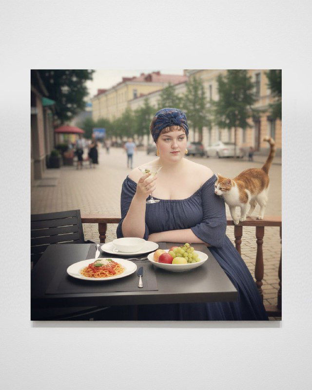 Серия Verlib: ИИ-арт — женщина за столиком на улице с едой и котом, сцена в духе жанровой живописи с современной деталировкой.