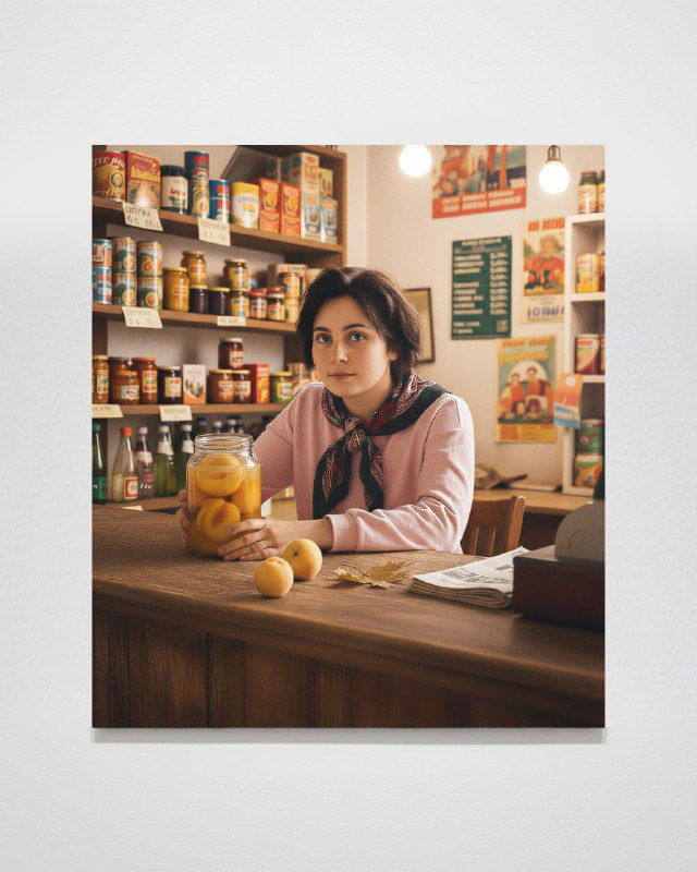 Серия Verlib: переосмысленная классика с помощью ИИ — портрет продавщицы в лавке с банками и продуктами, композиция и колорит как у картины.