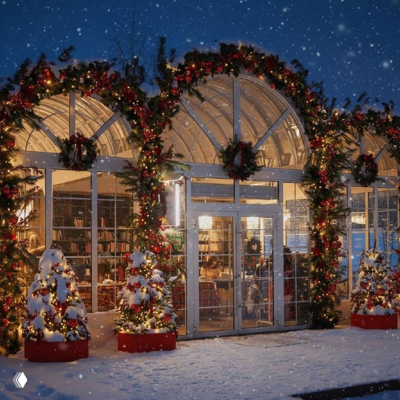 Павильон библиотеки ночью, украшенный гирляндами и рождественскими декорациями; вокруг снег и праздничная иллюминация.