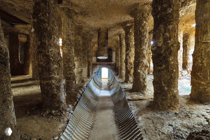 Фото внутреннего пространства-руин с колоннами и узким коридором: ощущение заброшенности и материальной памяти пространства мастерской.
