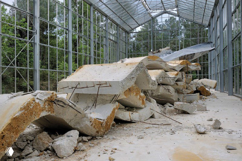 Обломки бетонных конструкций в стеклянном павильоне: разрушенные арки и фрагменты, выставленные как руины индустриального ландшафта.