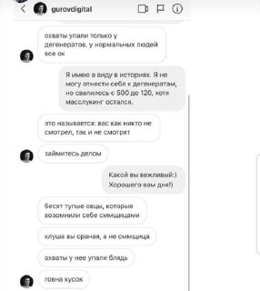 Крупный скриншот переписки в мессенджере: видны оскорбительные и саркастические сообщения в адрес собеседника и реакция участников дискуссии.