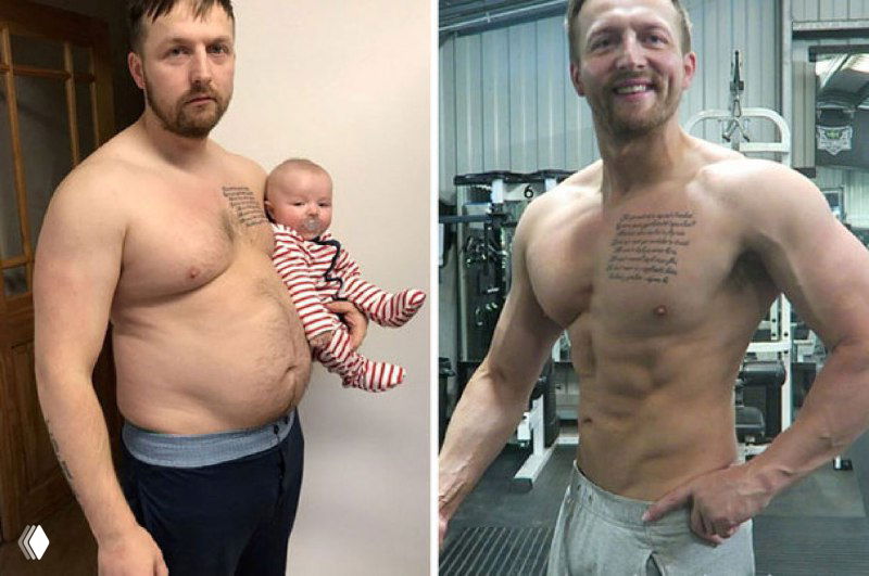 Сравнение «до/после»: мужчина держит младенца и выглядит уставшим слева, и тот же человек с мускулистой фигурой и уверенной позой в тренажёрном зале справа — акцент на образе жизни.