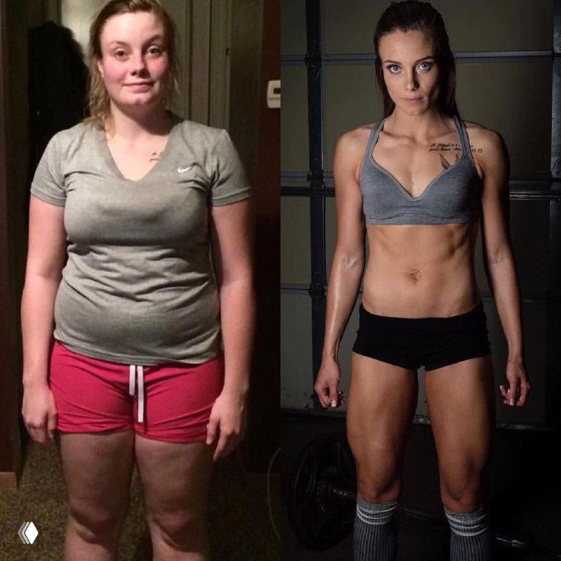 Женская трансформация: фотография слева в серой футболке и нейтральной позе, справа — спортивное, подтянутое тело с выразительной позой и студийным светом.