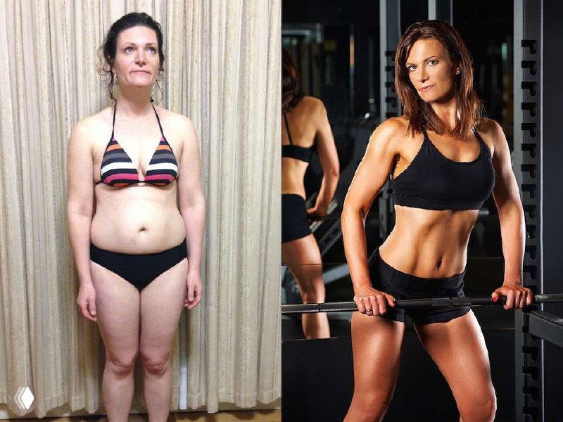 Женская пара фотографий: простая дневная поза слева и справа — подготовленный фитнес-образ с контрастным освещением и более уверенной мимикой.