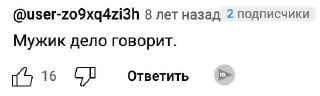 Скриншот комментария «Мужик дело говорит» с реакциями и лайками, демонстрирующий короткие и однозначные отклики аудитории.