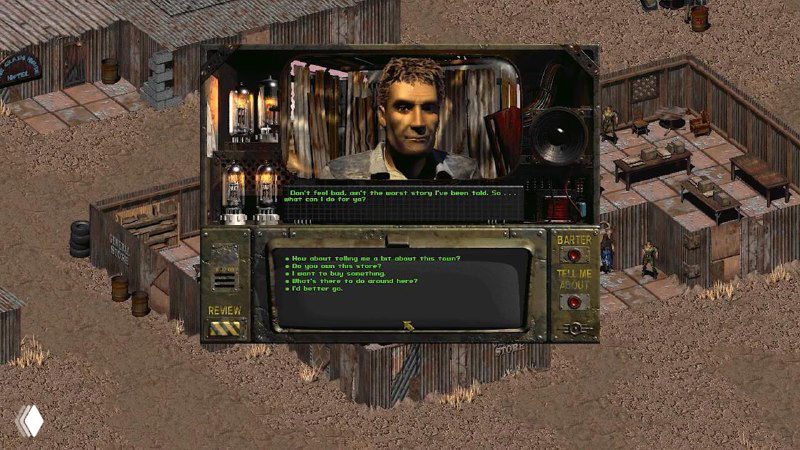 Диалоговое окно и интерфейс в постапокалиптическом окружении: портрет NPC, текстовые опции и разрушенные постройки — кадр, напоминающий «Фолаут».