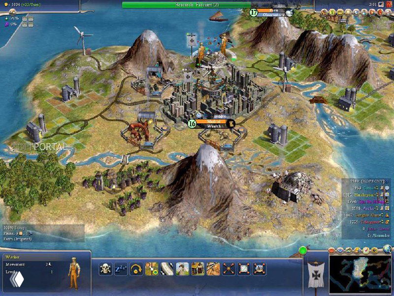 Панорама игрового мира с городами, реками и горами, детализированный интерфейс стратегии — сцена, ассоциирующаяся с «Цивилизация 4».