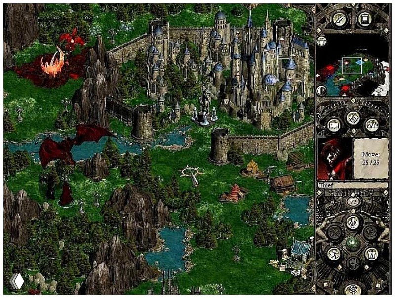 Мрачный фэнтезийный ландшафт с крепостью, тёмные цвета и тайная атмосфера поля боя — скрин, навевающий ассоциации с Disciples II или похожими тактическими играми.