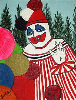 Красивая, но зловещая картина клоуна с шариками на фоне соснового леса; пример декоративного стиля картин, ассоциируемых с Гейси.