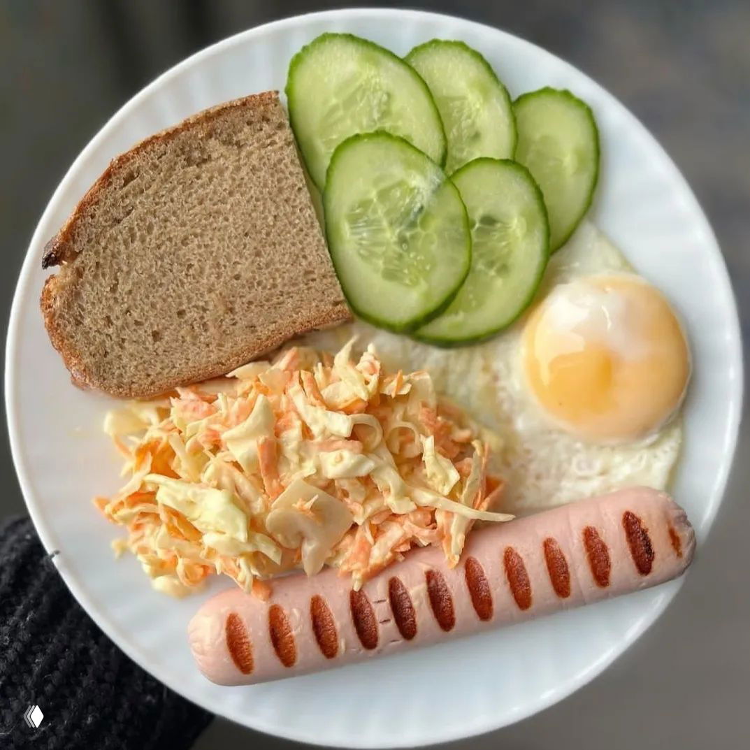 Тарелка с сосиской, глазуньей, свежим огурцом, капустным салатом и кусочком хлеба — простой вариант белкового обеда в ПП‑стиле.