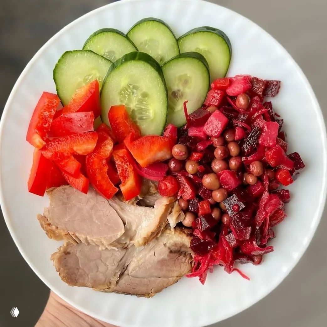 Тарелка со спагетти, куриной тушёнкой и салатом из пекинской капусты с кукурузой — лёгкий вариант обеда с гарниром и белком.