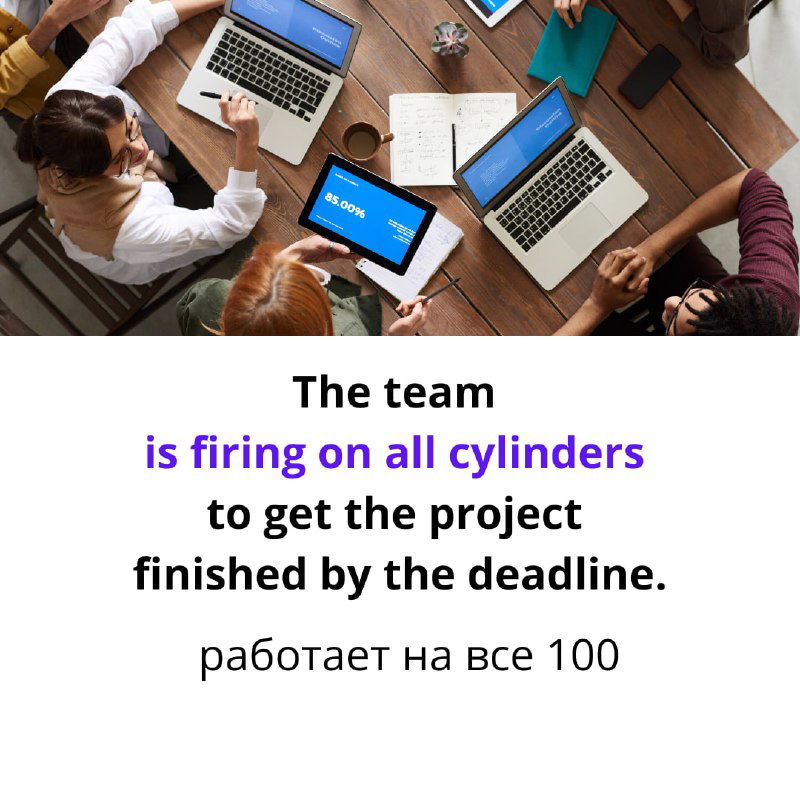 Рабочий стол и люди за компьютерами; карточка содержит фразу «is firing on all cylinders» с переводом на русский и деловым контекстом.