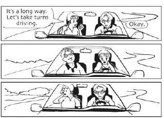 Черно-белый комикс с двумя водителями: они договариваются по очереди управлять машиной — пример фразы «take turns driving» в диалоге.