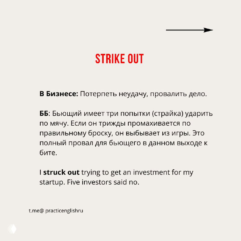 Слайд с заголовком «STRIKE OUT», пояснение на русском о провале или неудаче и английский пример о попытках получить инвестиции.
