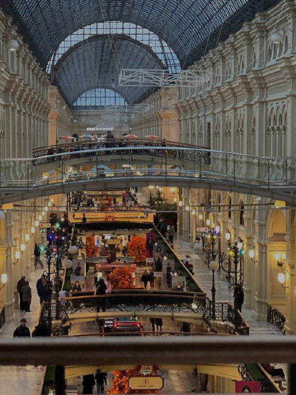 Общий вид многоуровневого торгового пассажa под стеклянным куполом: посетители, витрины, лестницы и элементы оформления торгового центра, снято сверху.